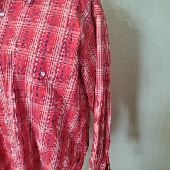 Wrangler XXL long sleeve button down with pearl snaps. Orange plaid. - Picture 3 of 8